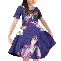 Hawaiian Lei Turtle and Plumeria Family Matching Off Shoulder Short Dress and Hawaiian Shirt Polynerian Art Tattoo-Navy Color