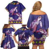Hawaiian Lei Turtle and Plumeria Family Matching Off Shoulder Short Dress and Hawaiian Shirt Polynerian Art Tattoo-Navy Color