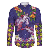 Hawaiian Lei Turtle and Plumeria Family Matching Off Shoulder Short Dress and Hawaiian Shirt Polynerian Art Tattoo-Navy Color