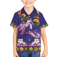 Hawaiian Lei Turtle and Plumeria Kid Hawaiian Shirt Polynerian Art Tattoo-Navy Color