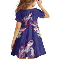 Hawaiian Lei Turtle and Plumeria Kid Short Sleeve Dress Polynerian Art Tattoo-Navy Color