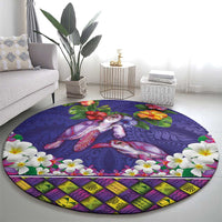 Hawaiian Lei Turtle and Plumeria Round Carpet Polynerian Art Tattoo-Navy Color