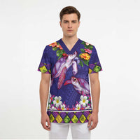 Hawaiian Lei Turtle and Plumeria Scrub Top Polynerian Art Tattoo-Navy Color - Polynesian Pride