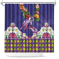 Hawaiian Lei Turtle and Plumeria Shower Curtain Polynerian Art Tattoo-Navy Color