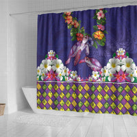 Hawaiian Lei Turtle and Plumeria Shower Curtain Polynerian Art Tattoo-Navy Color