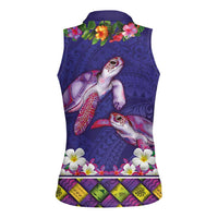 Hawaiian Lei Turtle and Plumeria Women Sleeveless Polo Shirt Polynerian Art Tattoo-Navy Color