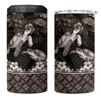 Hawaiian Lei Turtle and Plumeria 4 in 1 Can Cooler Tumbler Polynerian Art Tattoo-Grayscale Mode