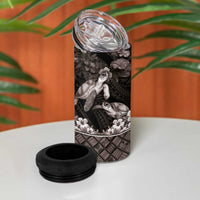 Hawaiian Lei Turtle and Plumeria 4 in 1 Can Cooler Tumbler Polynerian Art Tattoo-Grayscale Mode