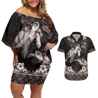 Hawaiian Lei Turtle and Plumeria Couples Matching Off Shoulder Short Dress and Hawaiian Shirt Polynerian Art Tattoo-Grayscale Mode LT03 Black - Polynesian Pride