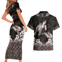 Hawaiian Lei Turtle and Plumeria Couples Matching Short Sleeve Bodycon Dress and Hawaiian Shirt Polynerian Art Tattoo-Grayscale Mode