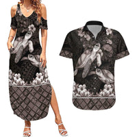 Hawaiian Lei Turtle and Plumeria Couples Matching Summer Maxi Dress and Hawaiian Shirt Polynerian Art Tattoo-Grayscale Mode LT03 Black - Polynesian Pride