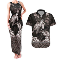 Hawaiian Lei Turtle and Plumeria Couples Matching Tank Maxi Dress and Hawaiian Shirt Polynerian Art Tattoo-Grayscale Mode LT03 Black - Polynesian Pride