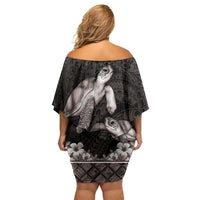 Hawaiian Lei Turtle and Plumeria Family Matching Off Shoulder Short Dress and Hawaiian Shirt Polynerian Art Tattoo-Grayscale Mode