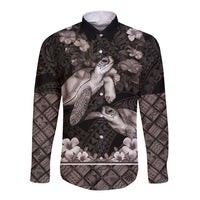 Hawaiian Lei Turtle and Plumeria Long Sleeve Button Shirt Polynerian Art Tattoo-Grayscale Mode