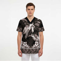 Hawaiian Lei Turtle and Plumeria Scrub Top Polynerian Art Tattoo-Grayscale Mode - Polynesian Pride