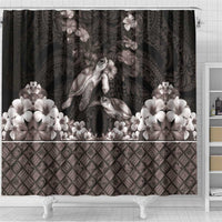 Hawaiian Lei Turtle and Plumeria Shower Curtain Polynerian Art Tattoo-Grayscale Mode