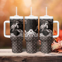 Hawaiian Lei Turtle and Plumeria Tumbler With Handle Polynerian Art Tattoo-Grayscale Mode