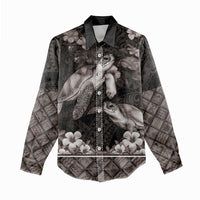 Hawaiian Lei Turtle and Plumeria Women Casual Shirt Polynerian Art Tattoo-Grayscale Mode