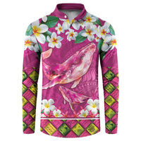 Hawaiian Plumeria and Humpback Whales Button Sweatshirt Polynerian Art Tattoo-Plum Pink Color