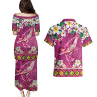 Hawaiian Plumeria and Humpback Whales Couples Matching Puletasi and Hawaiian Shirt Polynerian Art Tattoo-Plum Pink Color