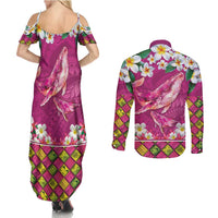 Hawaiian Plumeria and Humpback Whales Couples Matching Summer Maxi Dress and Long Sleeve Button Shirt Polynerian Art Tattoo-Plum Pink Color