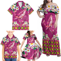 Hawaiian Plumeria and Humpback Whales Family Matching Off Shoulder Maxi Dress and Hawaiian Shirt Polynerian Art Tattoo-Plum Pink Color