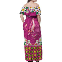 Hawaiian Plumeria and Humpback Whales Family Matching Off Shoulder Maxi Dress and Hawaiian Shirt Polynerian Art Tattoo-Plum Pink Color