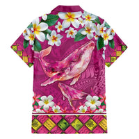 Hawaiian Plumeria and Humpback Whales Family Matching Short Sleeve Bodycon Dress and Hawaiian Shirt Polynerian Art Tattoo-Plum Pink Color