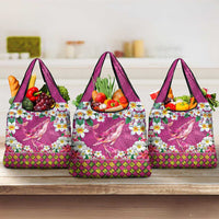 Hawaiian Plumeria and Humpback Whales Grocery Bag Polynerian Art Tattoo-Plum Pink Color