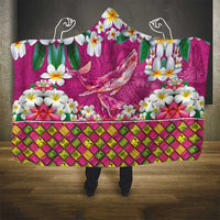 Hawaiian Plumeria and Humpback Whales Hooded Blanket Polynerian Art Tattoo-Plum Pink Color