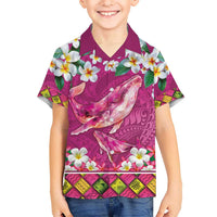 Hawaiian Plumeria and Humpback Whales Kid Hawaiian Shirt Polynerian Art Tattoo-Plum Pink Color LT03 Kid Pink - Polynesian Pride