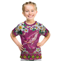 Hawaiian Plumeria and Humpback Whales Kid T Shirt Polynerian Art Tattoo-Plum Pink Color LT03 Pink - Polynesian Pride