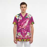 Hawaiian Plumeria and Humpback Whales Scrub Top Polynerian Art Tattoo-Plum Pink Color - Polynesian Pride