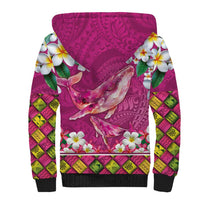 Hawaiian Plumeria and Humpback Whales Sherpa Hoodie Polynerian Art Tattoo-Plum Pink Color