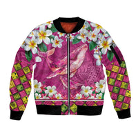 Hawaiian Plumeria and Humpback Whales Sleeve Zip Bomber Jacket Polynerian Art Tattoo-Plum Pink Color LT03 Unisex Pink - Polynesian Pride