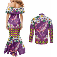 Hawaiian Plumeria and Humpback Whales Couples Matching Mermaid Dress and Long Sleeve Button Shirt Polynerian Art Tattoo-Mauve Color