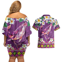 Hawaiian Plumeria and Humpback Whales Couples Matching Off Shoulder Short Dress and Hawaiian Shirt Polynerian Art Tattoo-Mauve Color