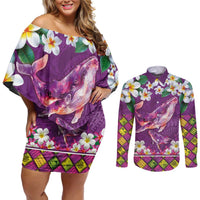 Hawaiian Plumeria and Humpback Whales Couples Matching Off Shoulder Short Dress and Long Sleeve Button Shirt Polynerian Art Tattoo-Mauve Color