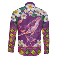 Hawaiian Plumeria and Humpback Whales Family Matching Off The Shoulder Long Sleeve Dress and Hawaiian Shirt Polynerian Art Tattoo-Mauve Color