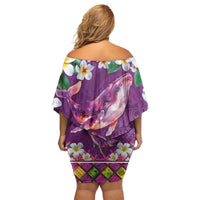 Hawaiian Plumeria and Humpback Whales Family Matching Off Shoulder Short Dress and Hawaiian Shirt Polynerian Art Tattoo-Mauve Color