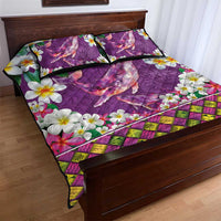 Hawaiian Plumeria and Humpback Whales Quilt Bed Set Polynerian Art Tattoo-Mauve Color