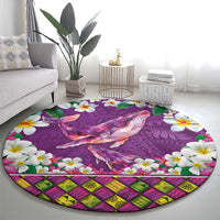 Hawaiian Plumeria and Humpback Whales Round Carpet Polynerian Art Tattoo-Mauve Color
