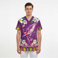 Hawaiian Plumeria and Humpback Whales Scrub Top Polynerian Art Tattoo-Mauve Color - Polynesian Pride