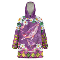 Hawaiian Plumeria and Humpback Whales Wearable Blanket Hoodie Polynerian Art Tattoo-Mauve Color