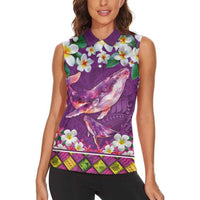 Hawaiian Plumeria and Humpback Whales Women Sleeveless Polo Shirt Polynerian Art Tattoo-Mauve Color LT03 - Polynesian Pride