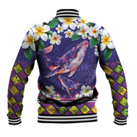 Hawaiian Plumeria and Humpback Whales Baseball Jacket Polynerian Art Tattoo-Navy Color
