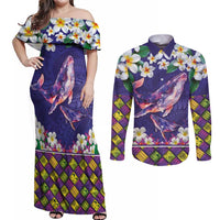 Hawaiian Plumeria and Humpback Whales Couples Matching Off Shoulder Maxi Dress and Long Sleeve Button Shirt Polynerian Art Tattoo-Navy Color