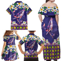 Hawaiian Plumeria and Humpback Whales Family Matching Off Shoulder Maxi Dress and Hawaiian Shirt Polynerian Art Tattoo-Navy Color