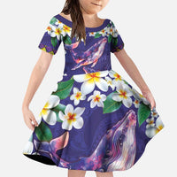 Hawaiian Plumeria and Humpback Whales Family Matching Puletasi and Hawaiian Shirt Polynerian Art Tattoo-Navy Color LT03 Daughter's Dress Navy - Polynesian Pride