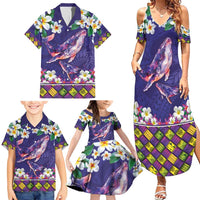 Hawaiian Plumeria and Humpback Whales Family Matching Summer Maxi Dress and Hawaiian Shirt Polynerian Art Tattoo-Navy Color